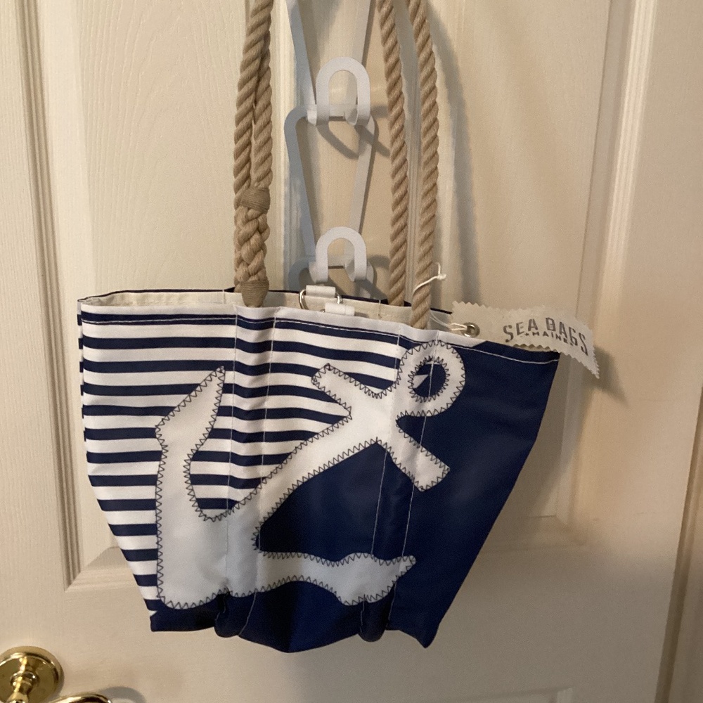 Breton Stripe White Anchor tote from Sea Bags
